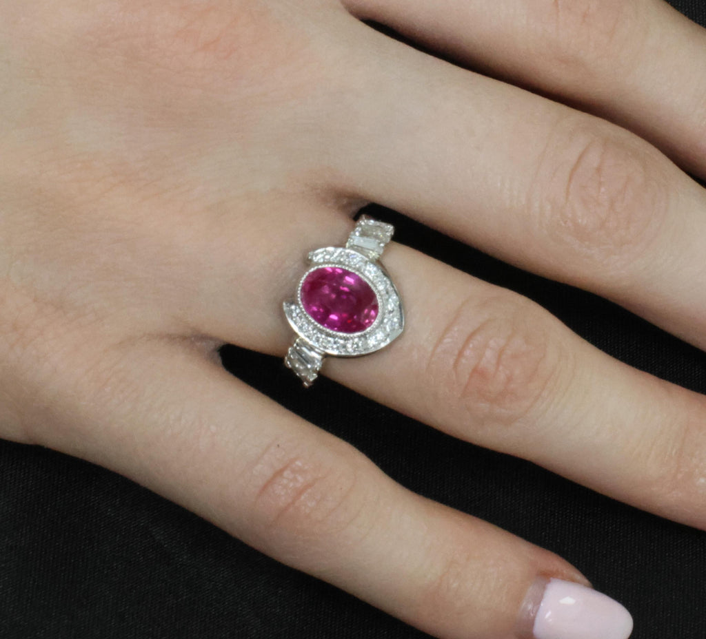 2.56ct GIA Burma Pink Sapphire 0.65ct Diamond Platinum Playing Card Ring, Size 6