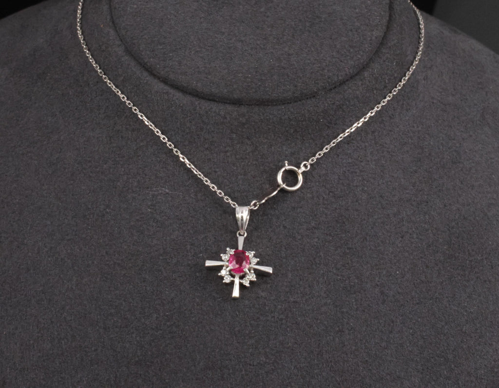 Fine 0.35ct Intense Red Ruby & 0.16ct Diamond Platinum Cross Necklace