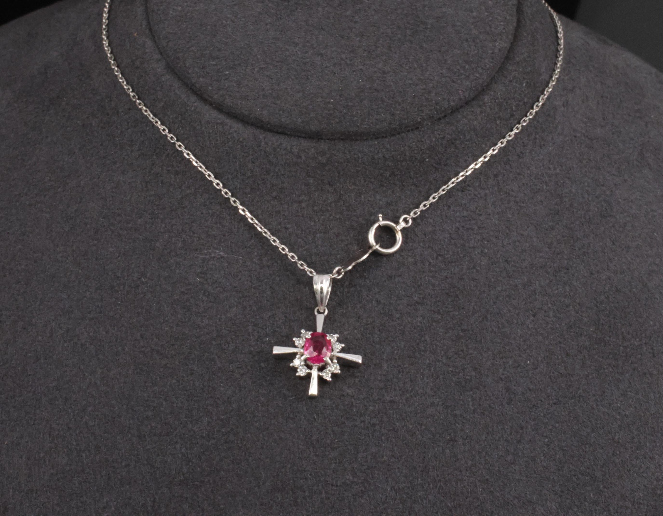 Fine 0.35ct Intense Red Ruby & 0.16ct Diamond Platinum Cross Necklace