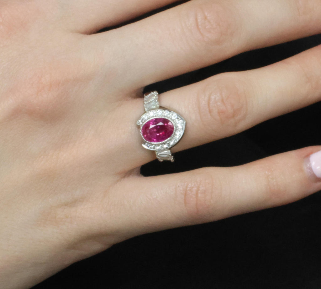 2.56ct GIA Burma Pink Sapphire 0.65ct Diamond Platinum Playing Card Ring, Size 6
