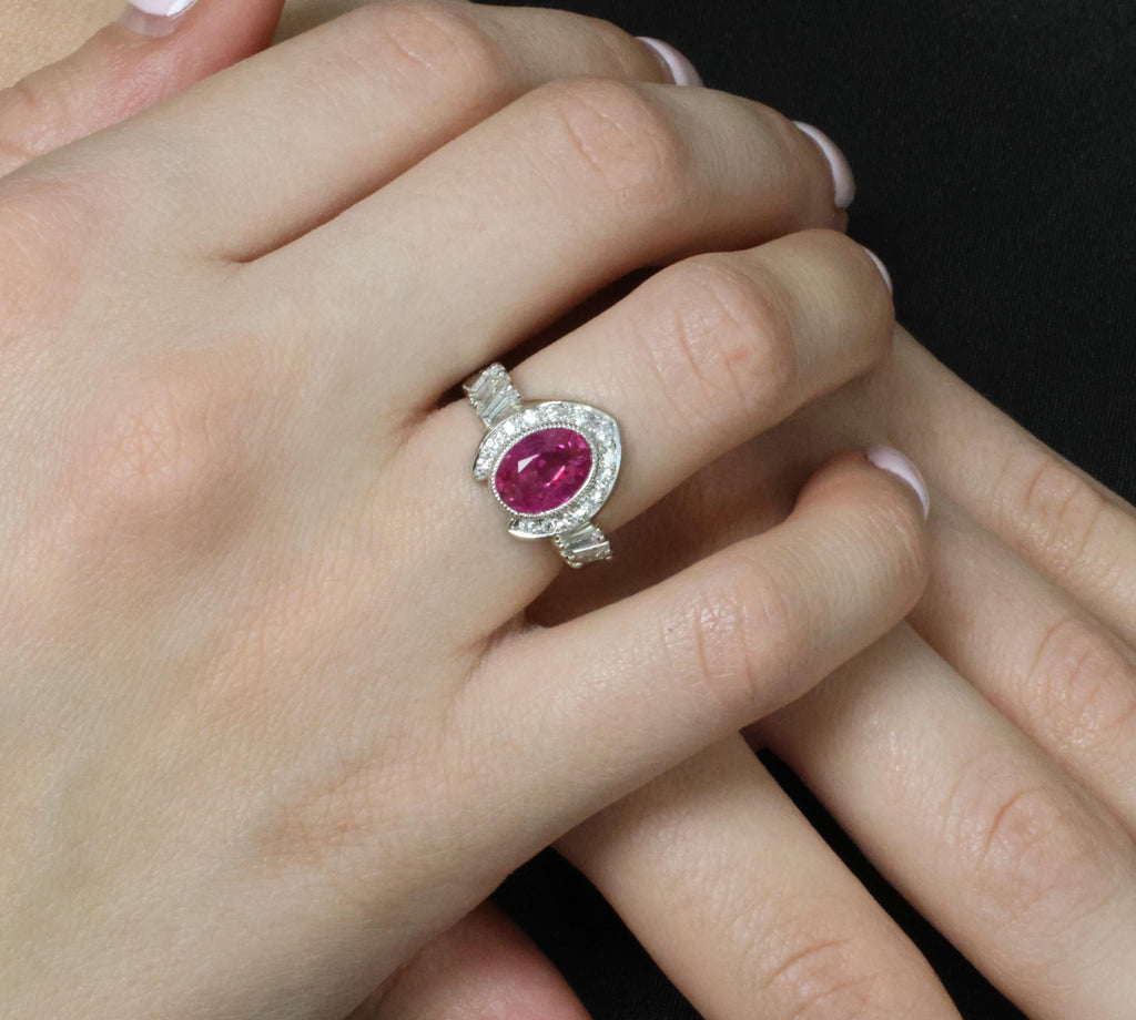 2.56ct GIA Burma Pink Sapphire 0.65ct Diamond Platinum Playing Card Ring, Size 6