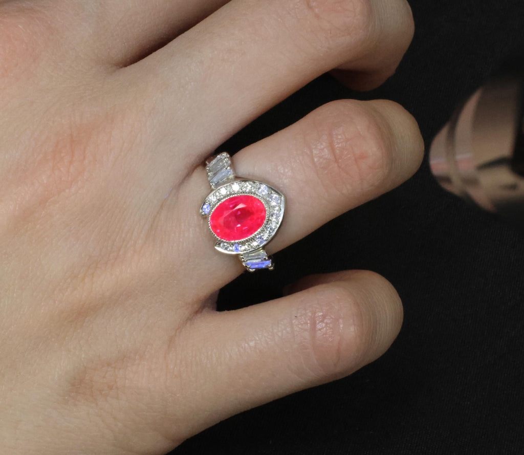 2.56ct GIA Burma Pink Sapphire 0.65ct Diamond Platinum Playing Card Ring, Size 6