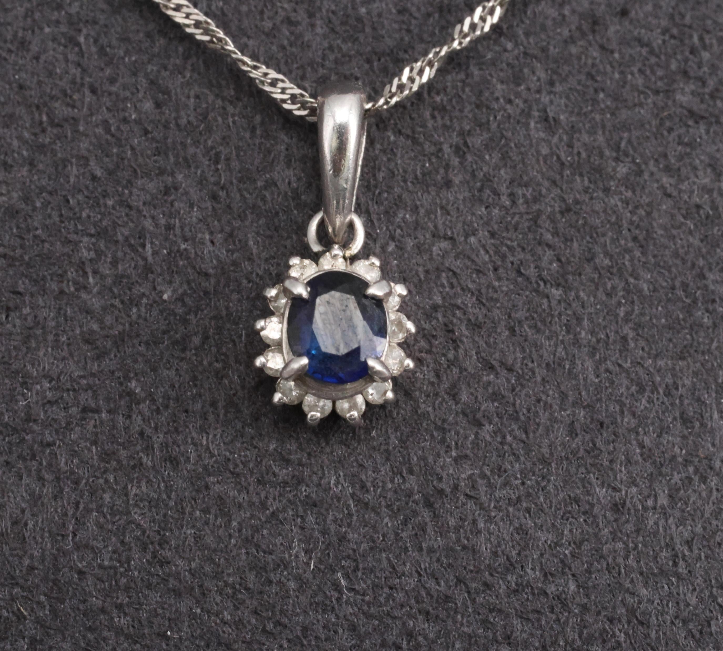 Estate 0.29ct Royal Blue Sapphire & 0.19ct Diamond Platinum Halo Necklace