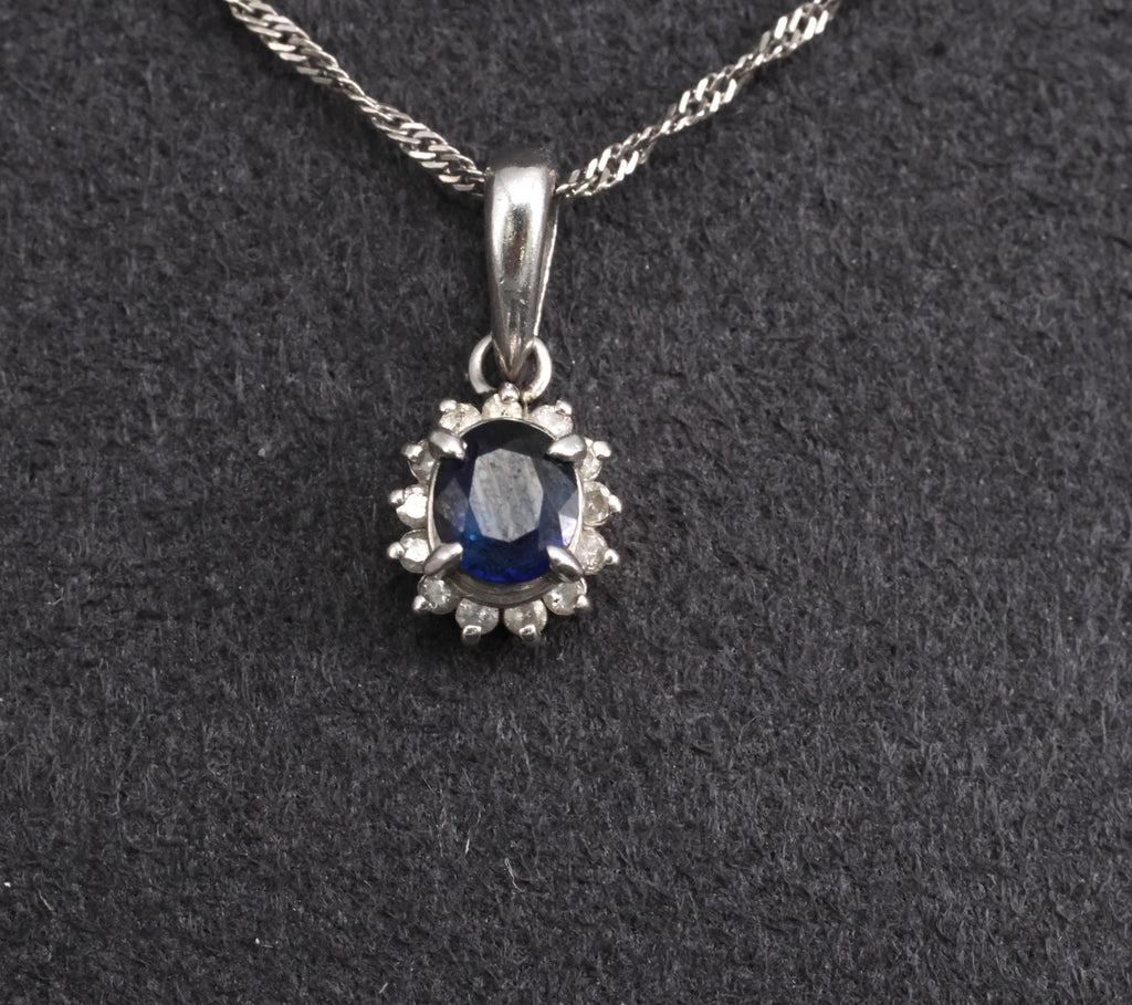 Estate 0.29ct Royal Blue Sapphire & 0.19ct Diamond Platinum Halo Necklace