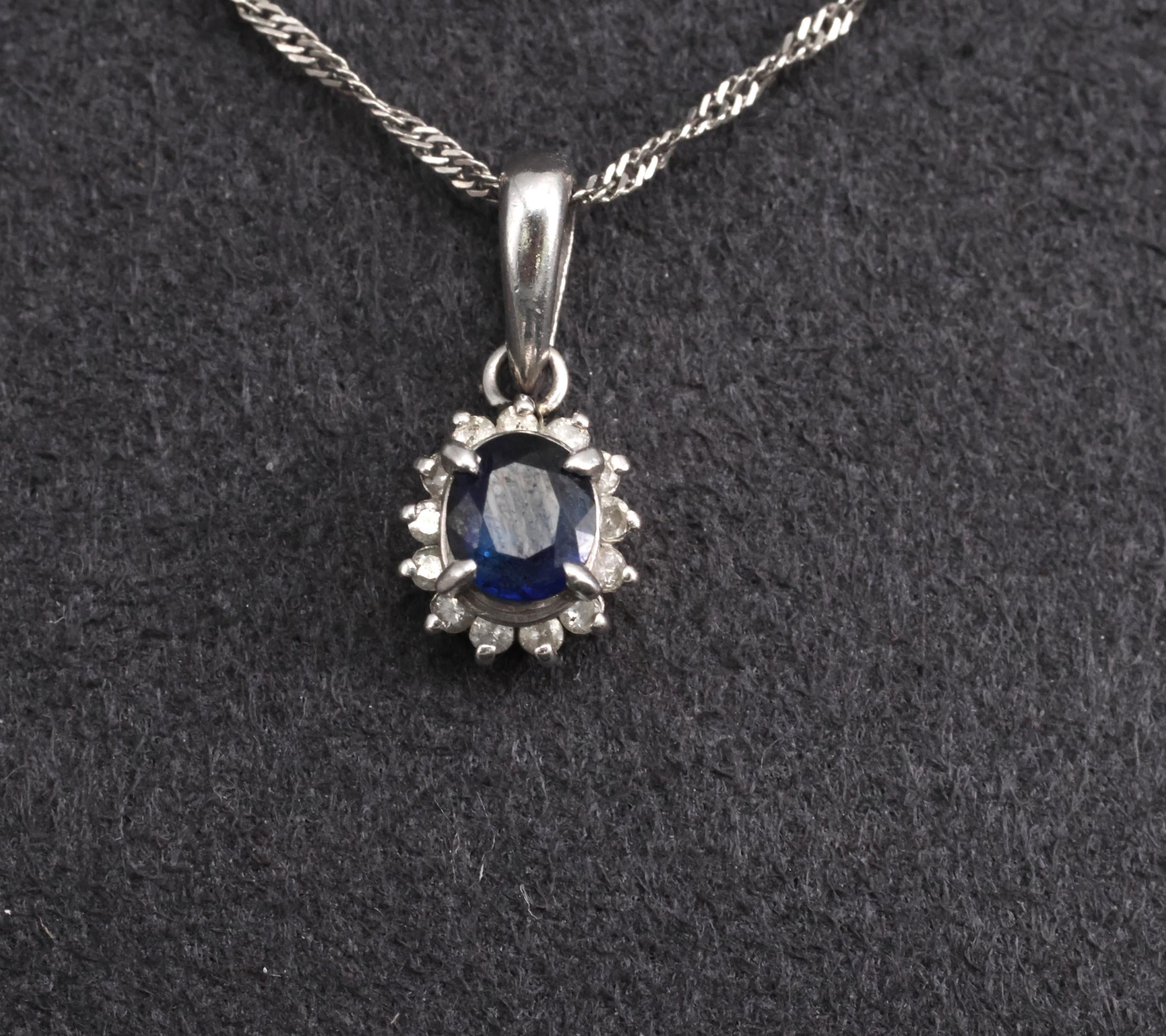 Estate 0.29ct Royal Blue Sapphire & 0.19ct Diamond Platinum Halo Necklace