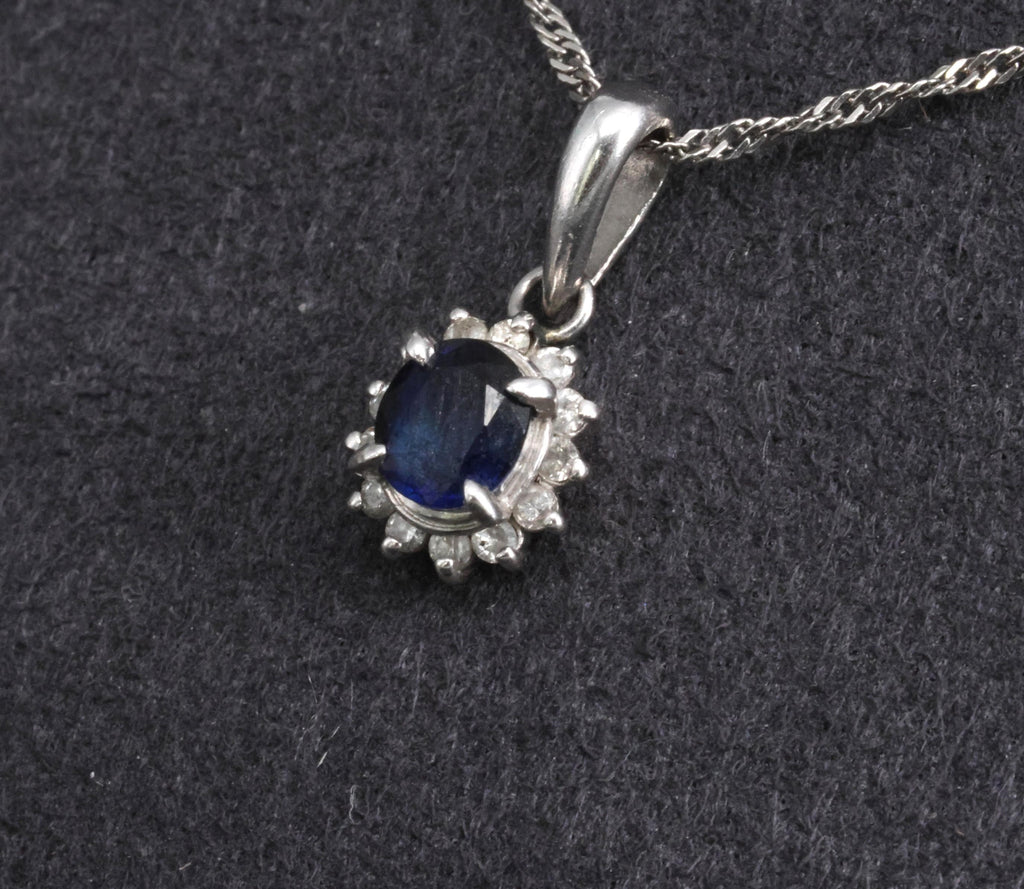 Estate 0.29ct Royal Blue Sapphire & 0.19ct Diamond Platinum Halo Necklace