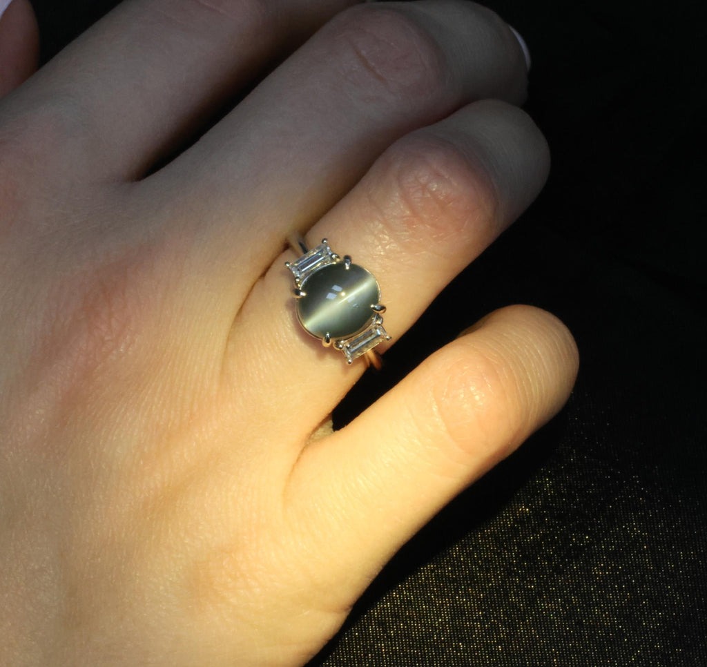 7.04ct GIA Natural Alexandrite Cats Eye & 0.68ct Diamond Platinum Ring, Size 6.5