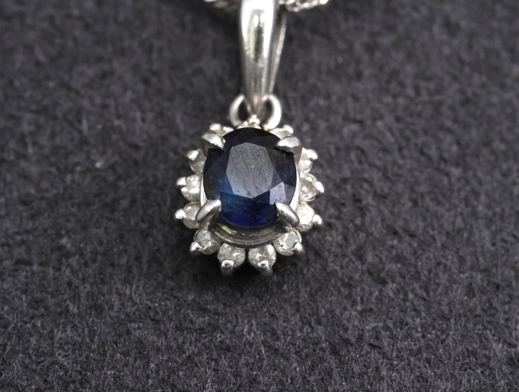 Estate 0.29ct Royal Blue Sapphire & 0.19ct Diamond Platinum Halo Necklace