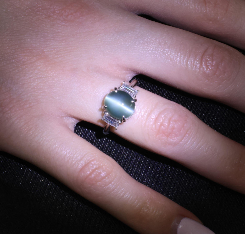 7.04ct GIA Natural Alexandrite Cats Eye & 0.68ct Diamond Platinum Ring, Size 6.5