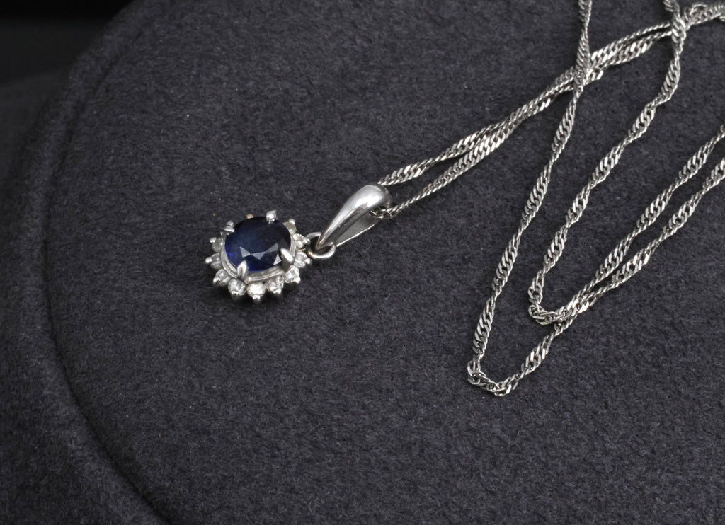 Estate 0.29ct Royal Blue Sapphire & 0.19ct Diamond Platinum Halo Necklace