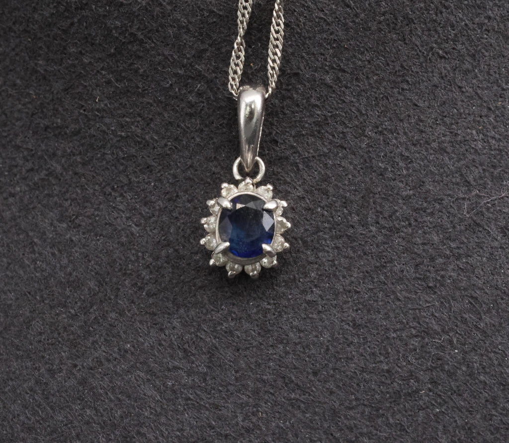 Estate 0.29ct Royal Blue Sapphire & 0.19ct Diamond Platinum Halo Necklace