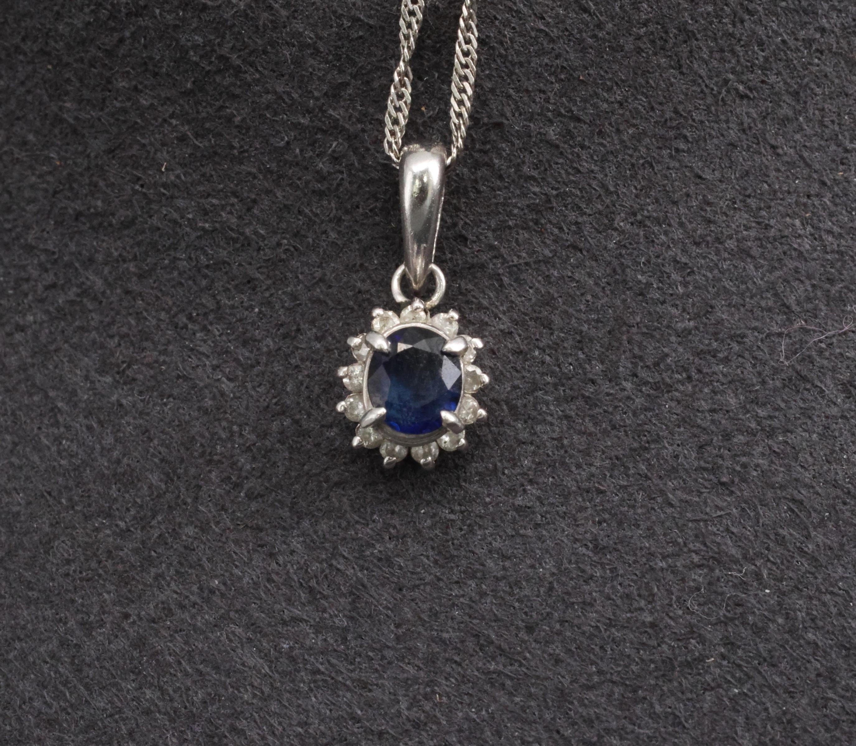 Estate 0.29ct Royal Blue Sapphire & 0.19ct Diamond Platinum Halo Necklace