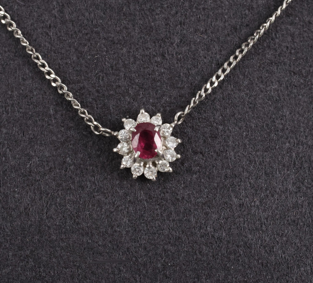 Fine 0.36ct Intense Red Ruby & 0.15ct Diamond Platinum Halo Necklace