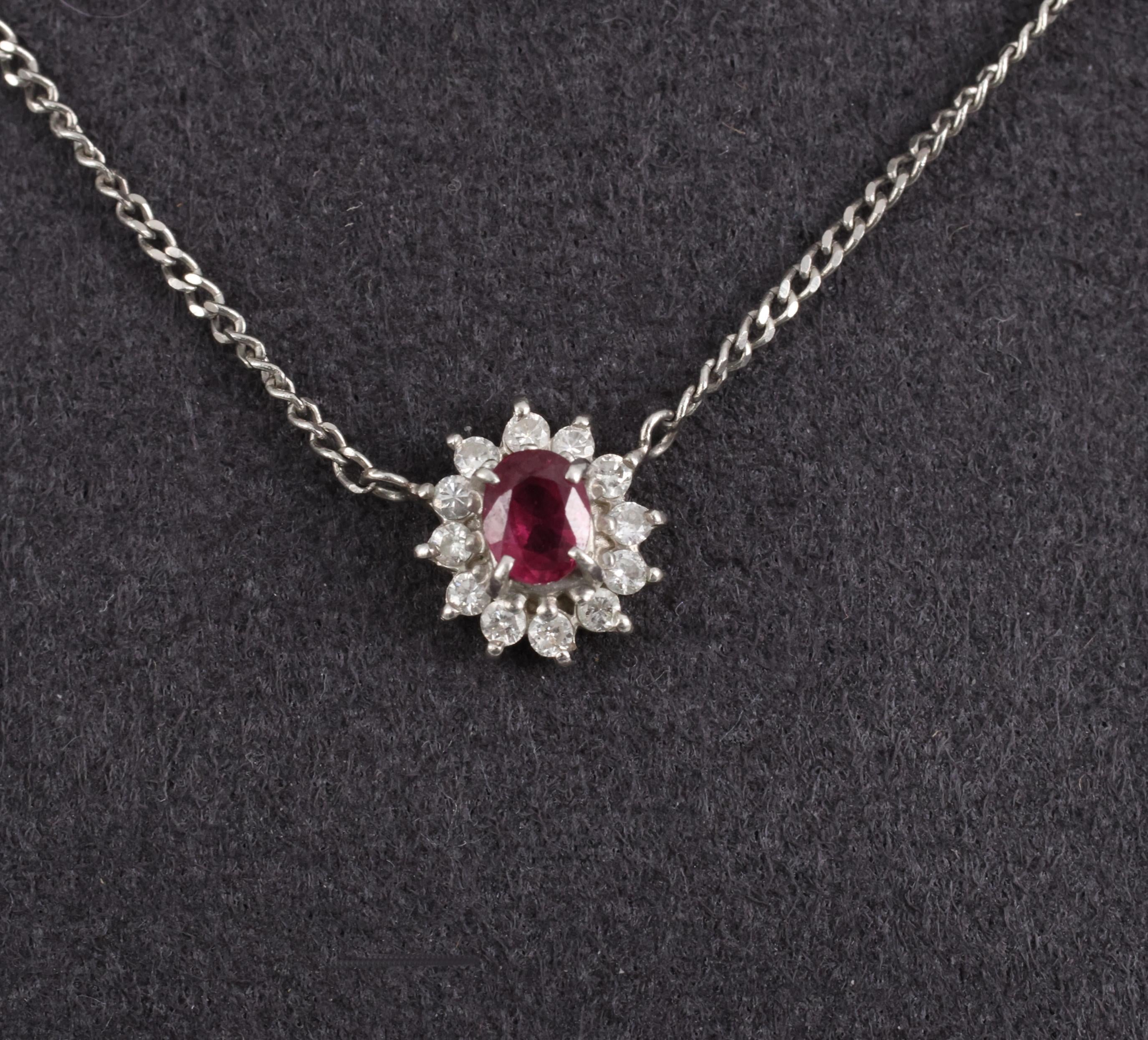 Fine 0.36ct Intense Red Ruby & 0.15ct Diamond Platinum Halo Necklace