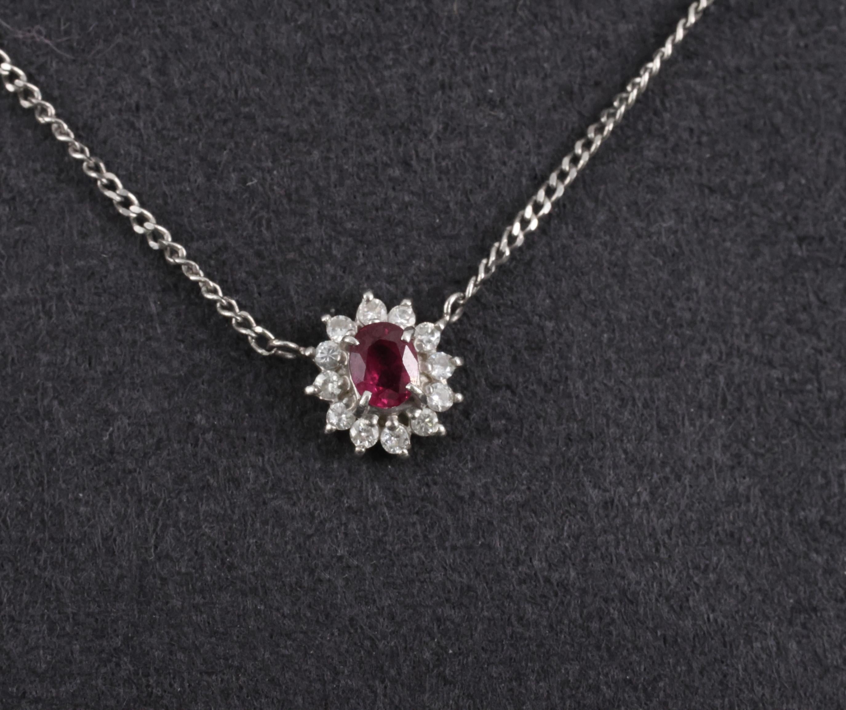 Fine 0.36ct Intense Red Ruby & 0.15ct Diamond Platinum Halo Necklace