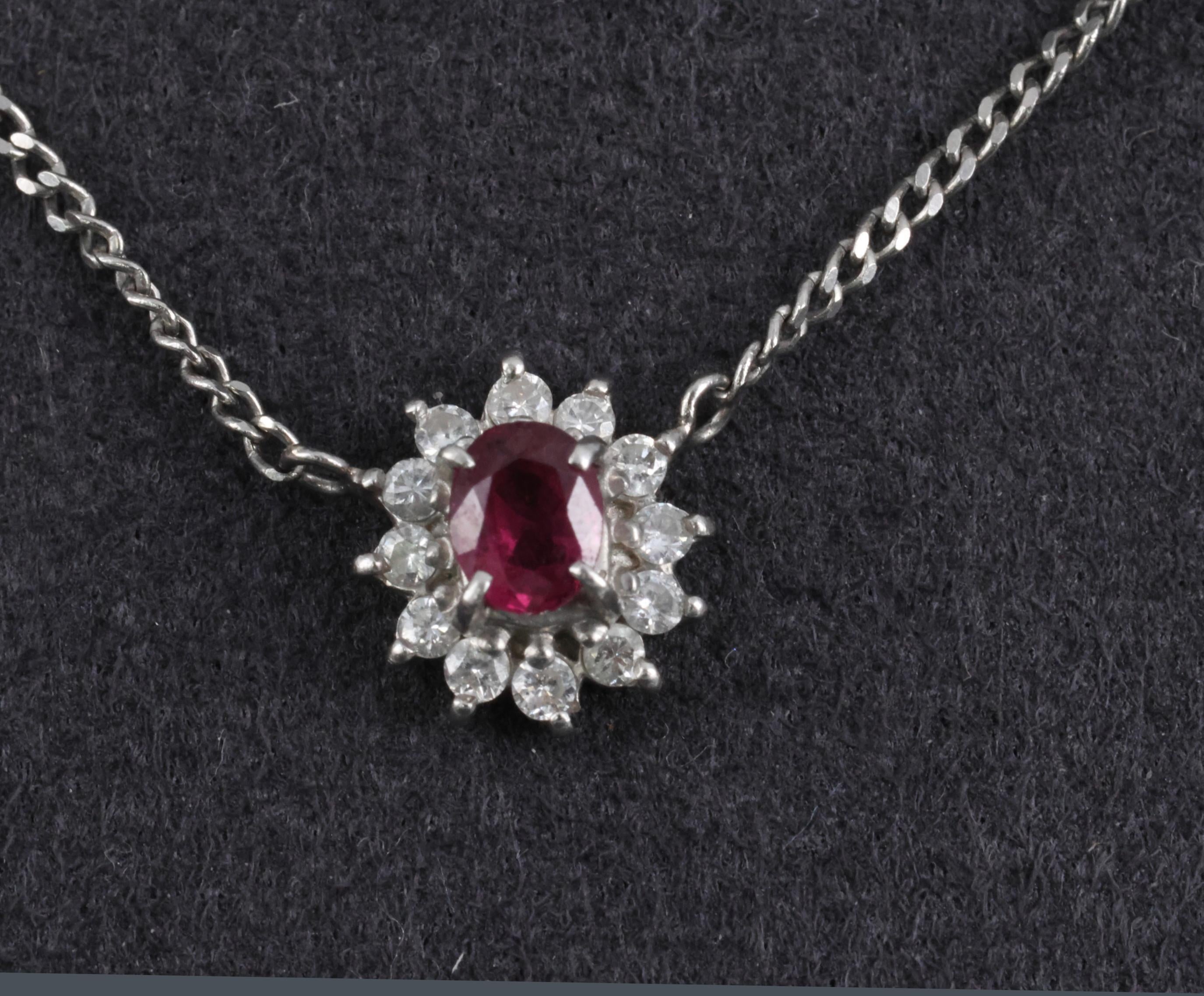 Fine 0.36ct Intense Red Ruby & 0.15ct Diamond Platinum Halo Necklace