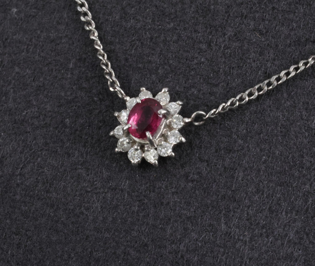 Fine 0.36ct Intense Red Ruby & 0.15ct Diamond Platinum Halo Necklace