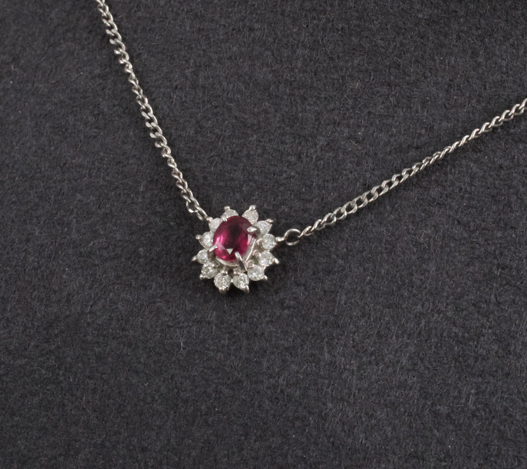 Fine 0.36ct Intense Red Ruby & 0.15ct Diamond Platinum Halo Necklace