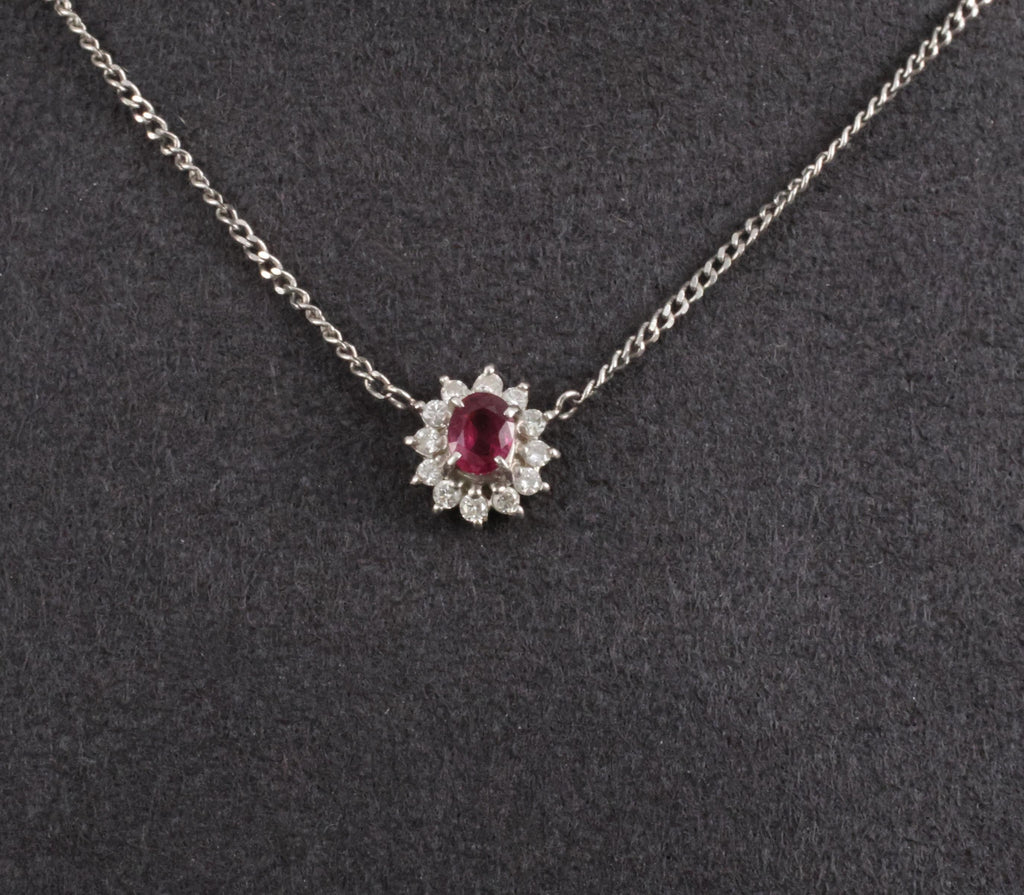 Fine 0.36ct Intense Red Ruby & 0.15ct Diamond Platinum Halo Necklace