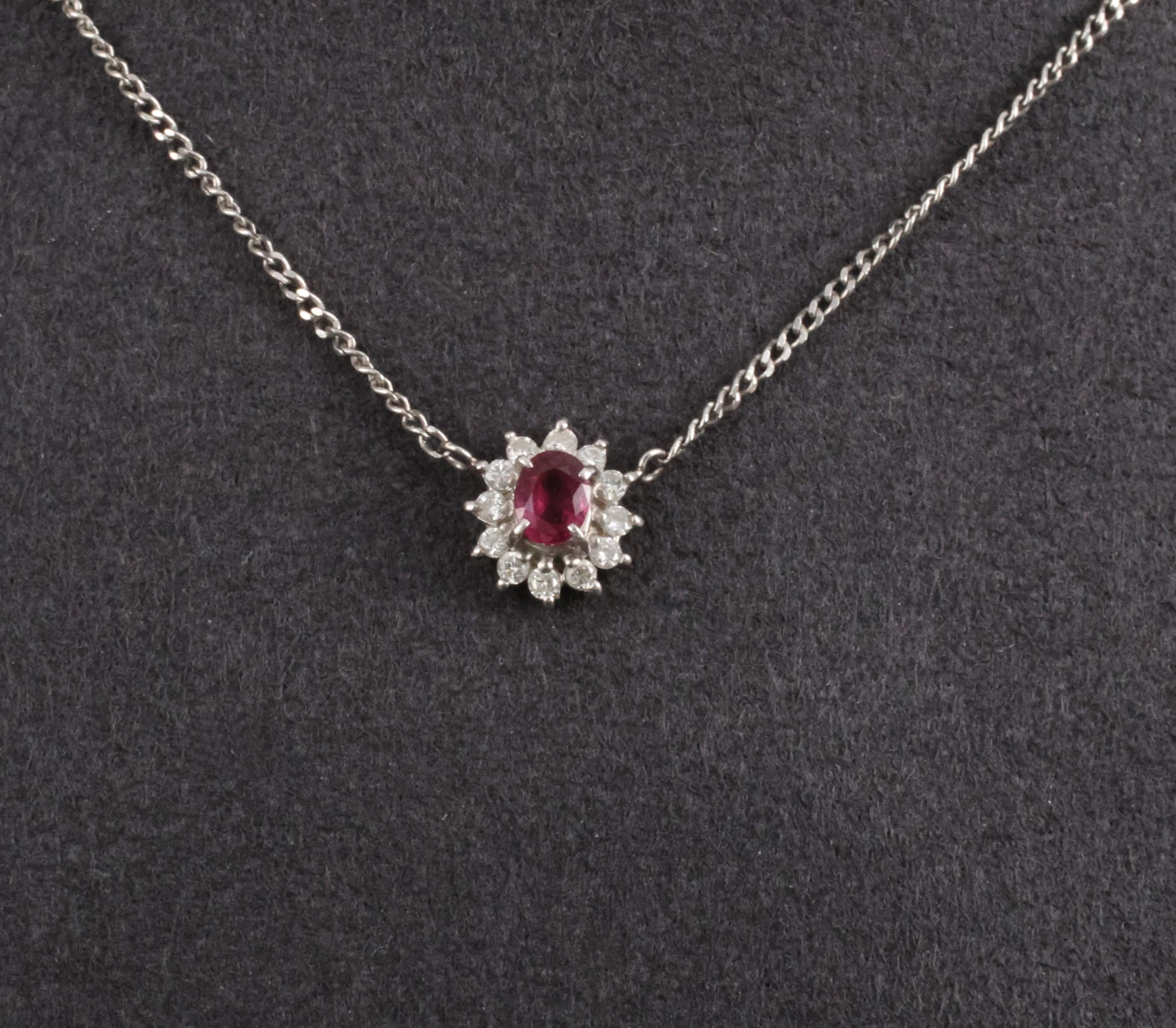 Fine 0.36ct Intense Red Ruby & 0.15ct Diamond Platinum Halo Necklace