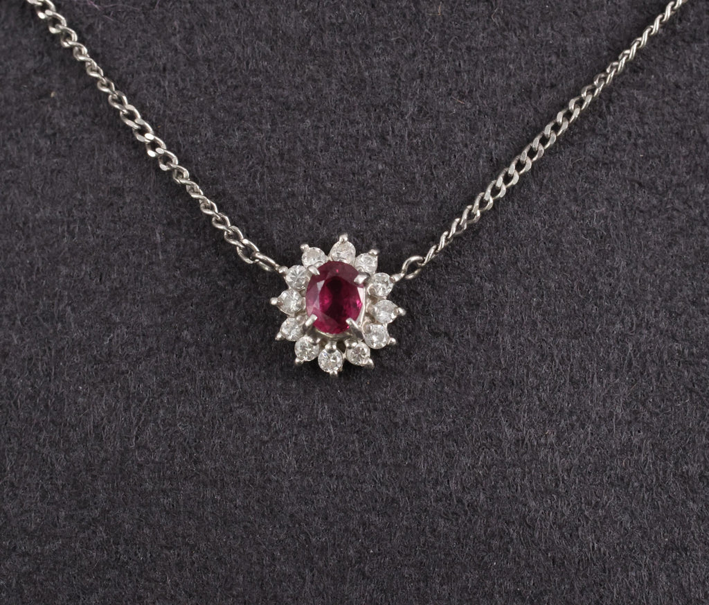 Fine 0.36ct Intense Red Ruby & 0.15ct Diamond Platinum Halo Necklace