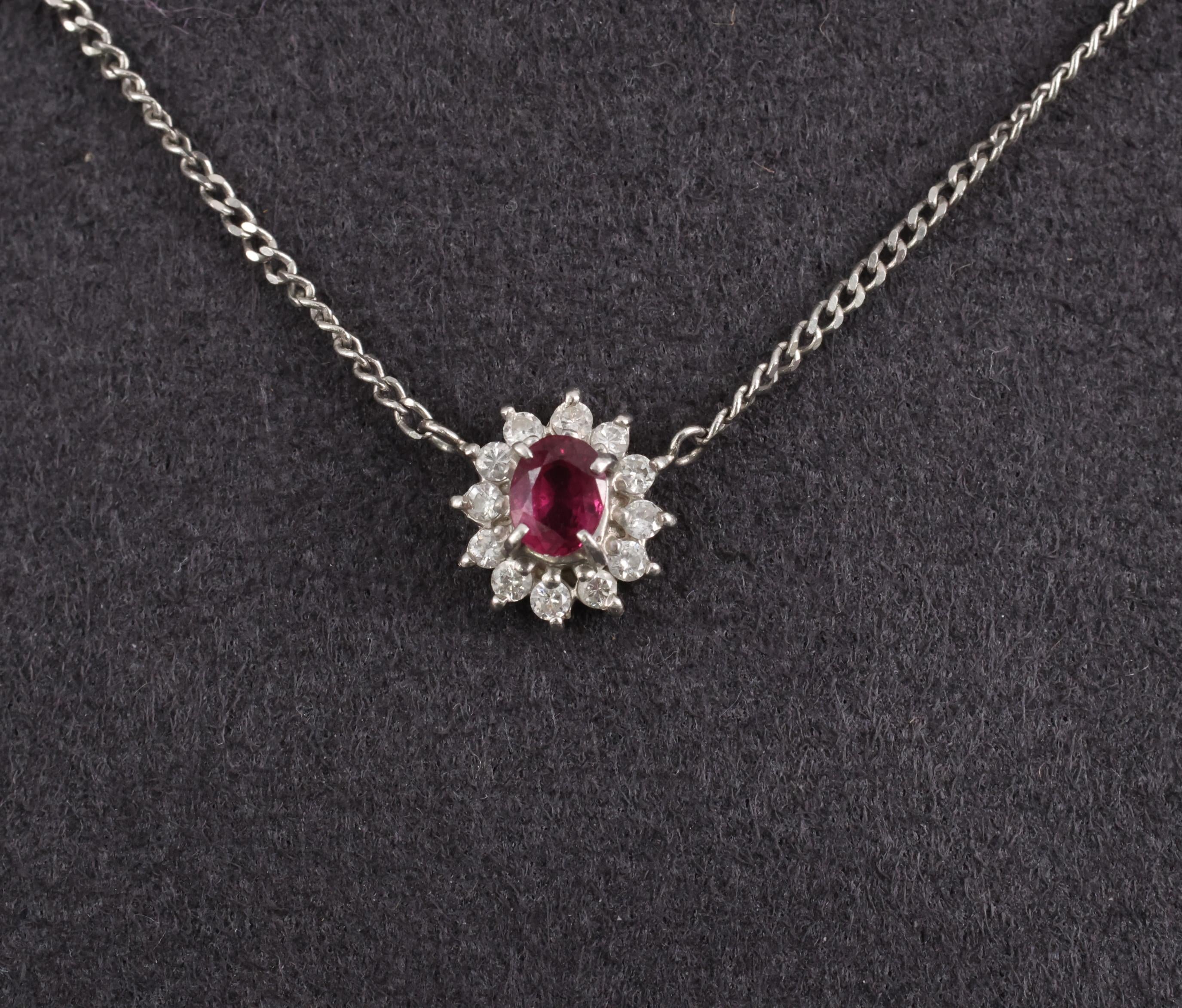 Fine 0.36ct Intense Red Ruby & 0.15ct Diamond Platinum Halo Necklace