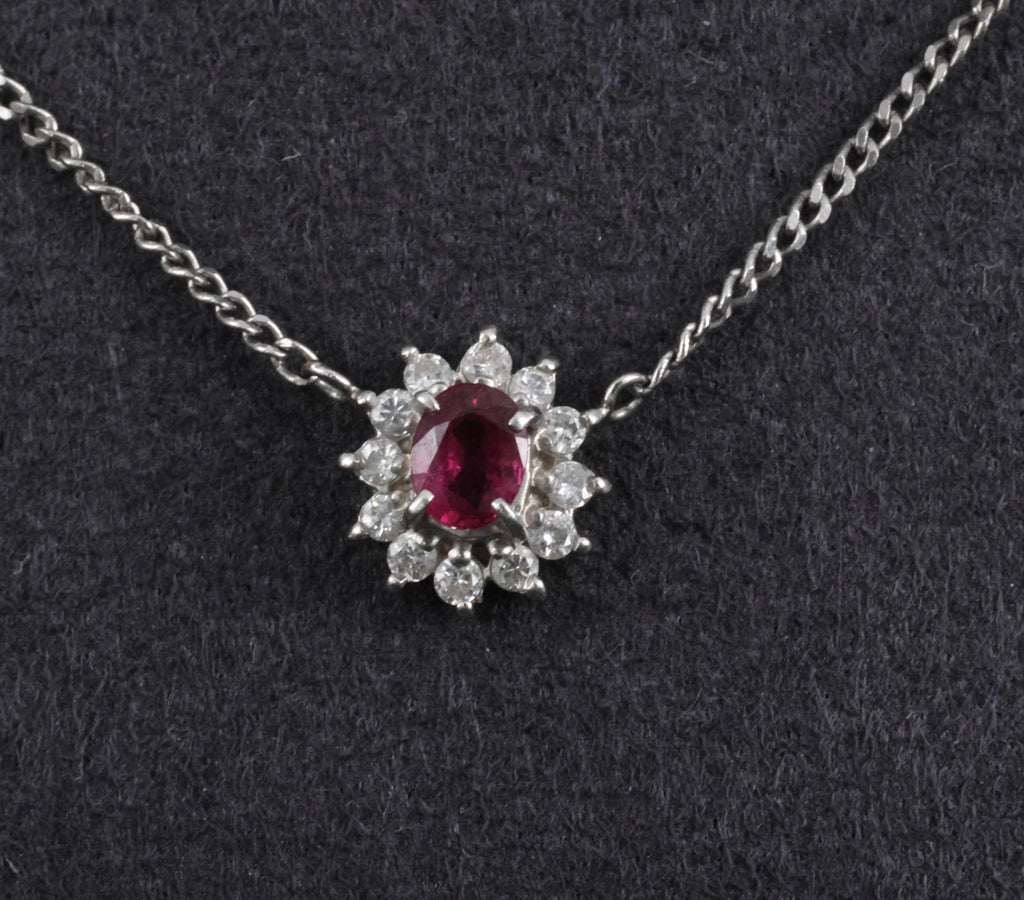 Fine 0.36ct Intense Red Ruby & 0.15ct Diamond Platinum Halo Necklace