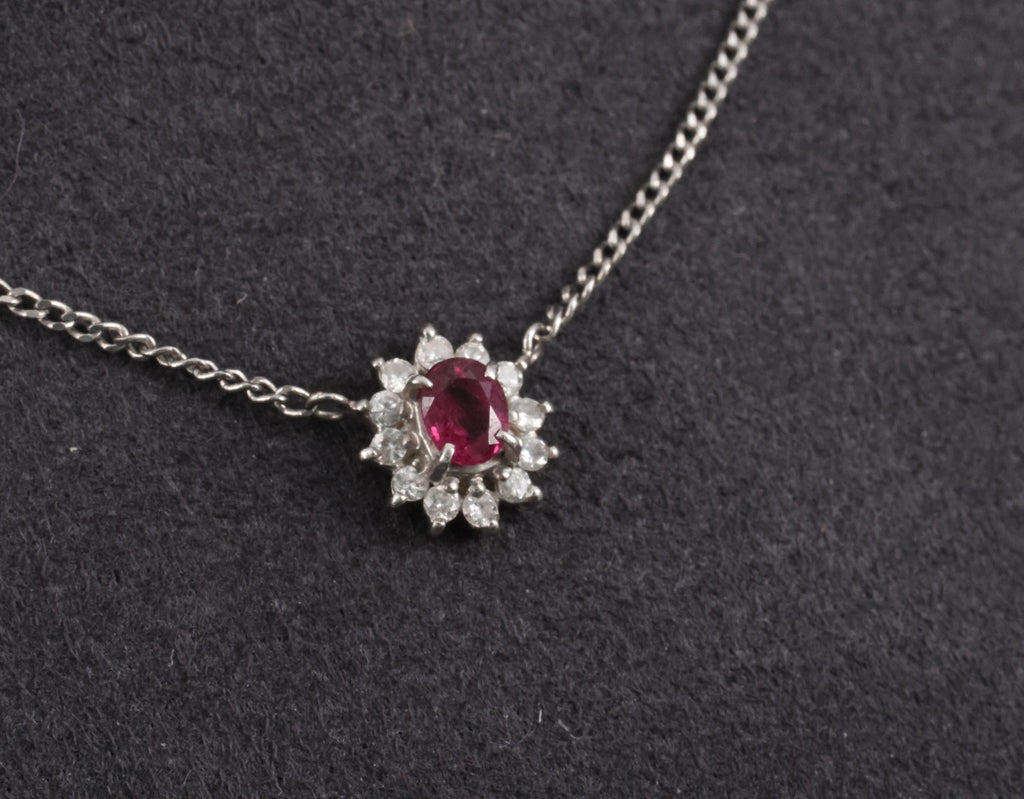 Fine 0.36ct Intense Red Ruby & 0.15ct Diamond Platinum Halo Necklace