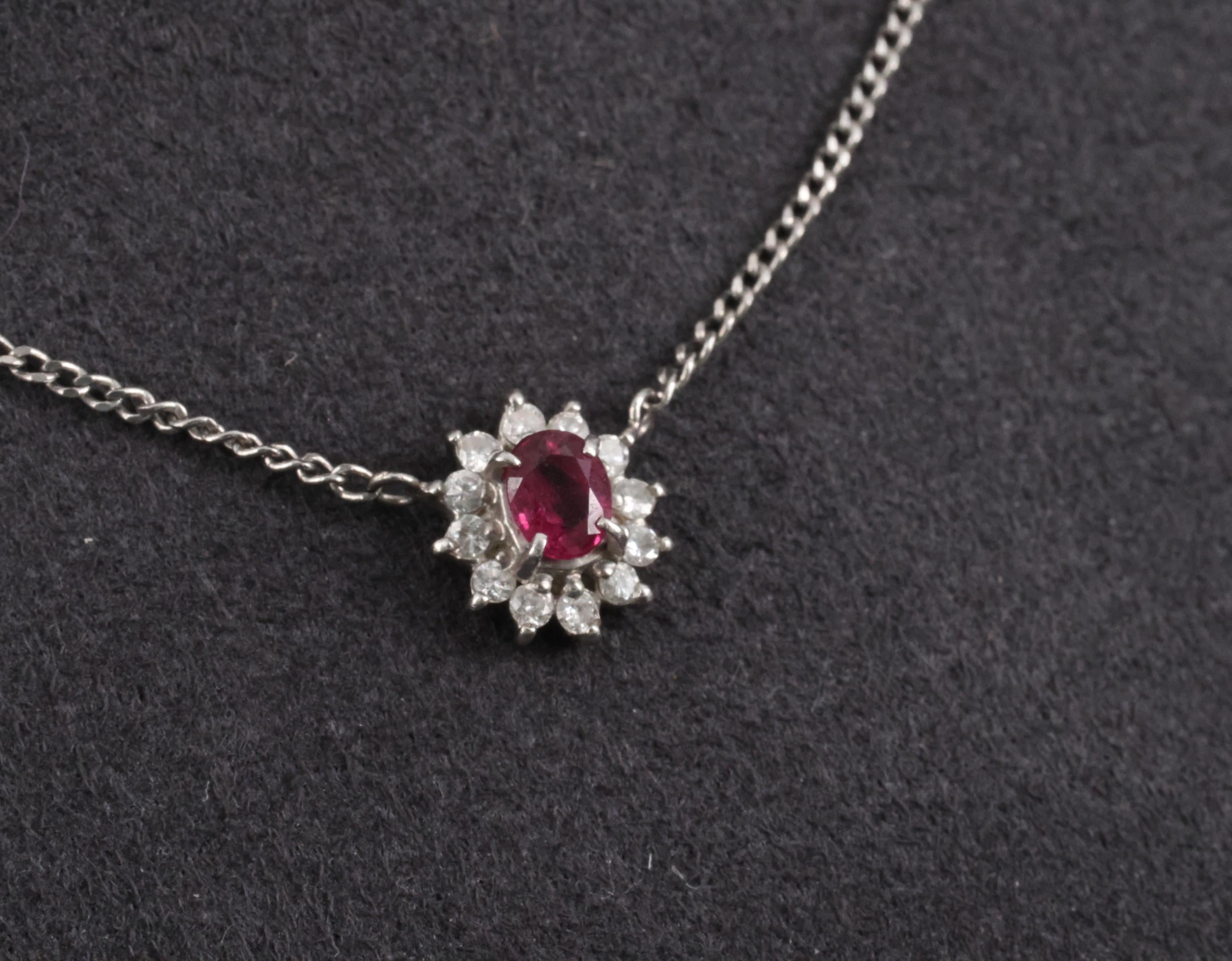 Fine 0.36ct Intense Red Ruby & 0.15ct Diamond Platinum Halo Necklace