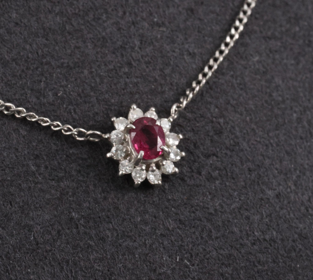 Fine 0.36ct Intense Red Ruby & 0.15ct Diamond Platinum Halo Necklace