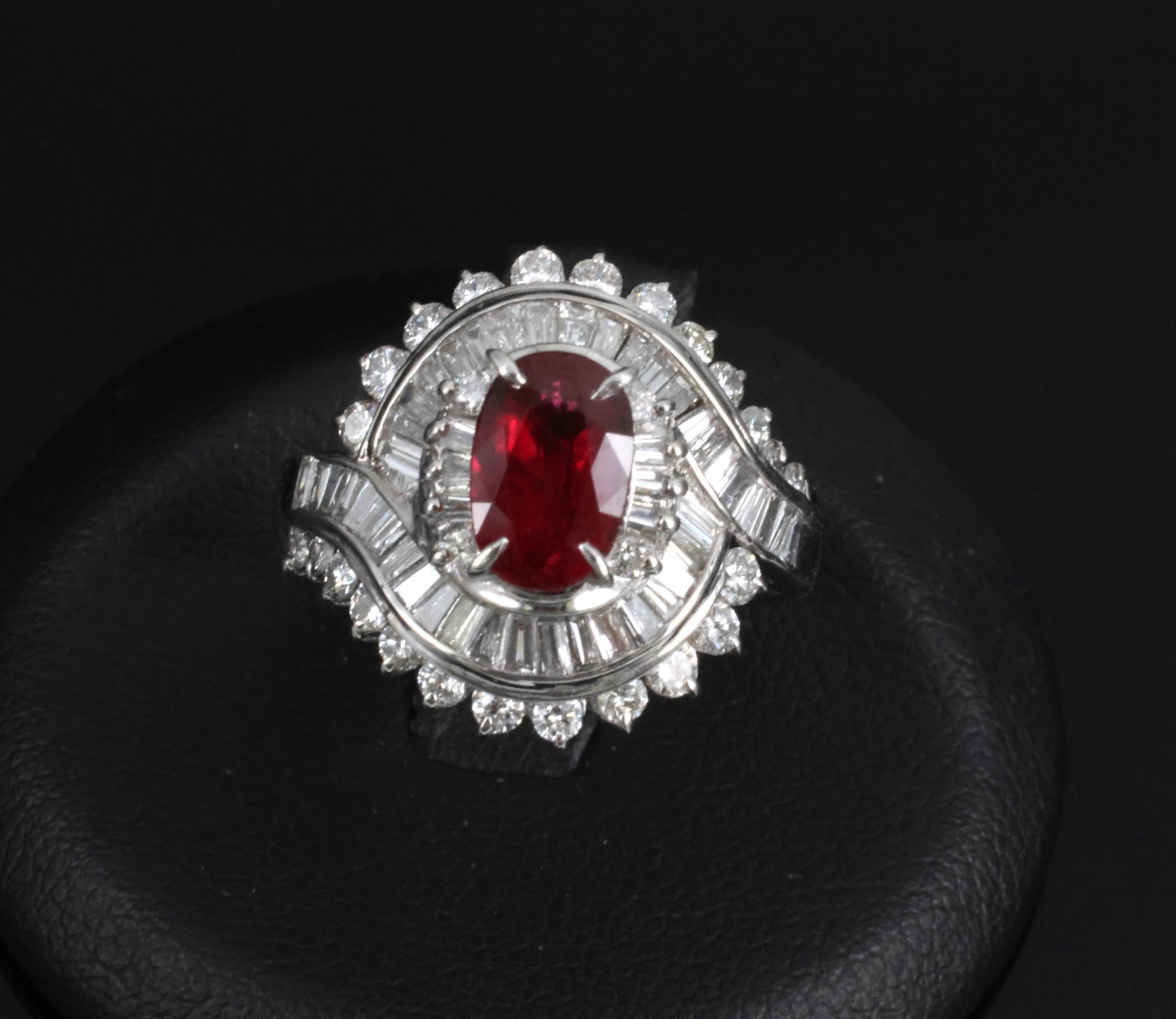 Intense Red 1.46ct GIA Certified Thai Ruby 1.20ct Diamond Platinum Ring Size 5.5