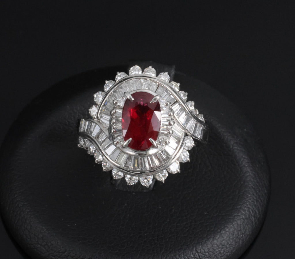 Intense Red 1.46ct GIA Certified Thai Ruby 1.20ct Diamond Platinum Ring Size 5.5