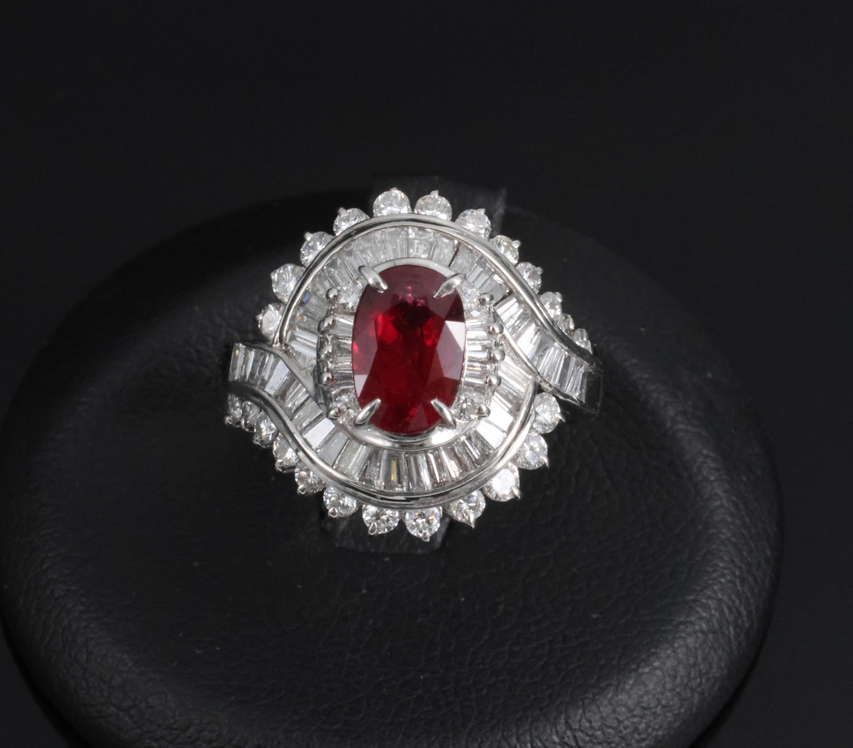 Intense Red 1.46ct GIA Certified Thai Ruby 1.20ct Diamond Platinum Ring Size 5.5