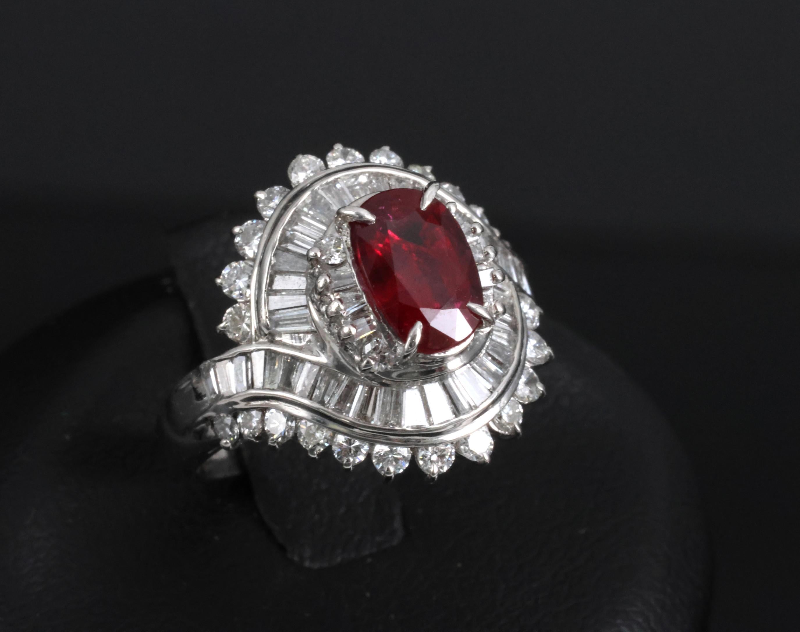 Intense Red 1.46ct GIA Certified Thai Ruby 1.20ct Diamond Platinum Ring Size 5.5