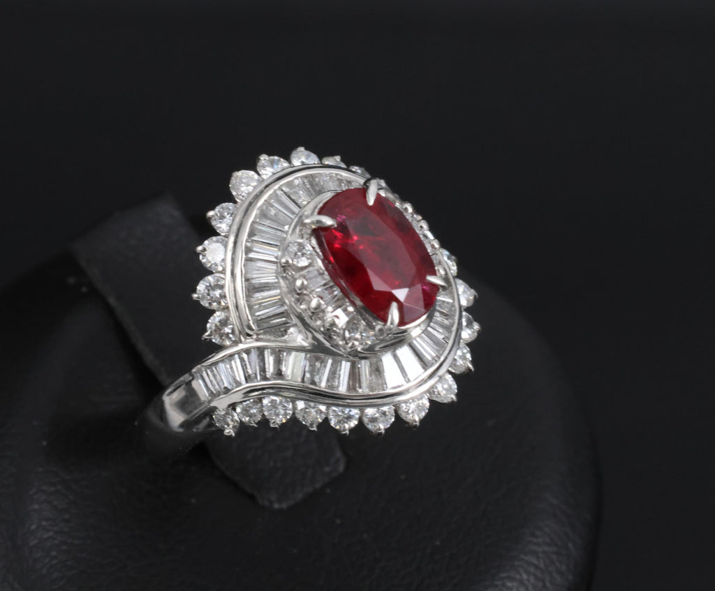 Intense Red 1.46ct GIA Certified Thai Ruby 1.20ct Diamond Platinum Ring Size 5.5