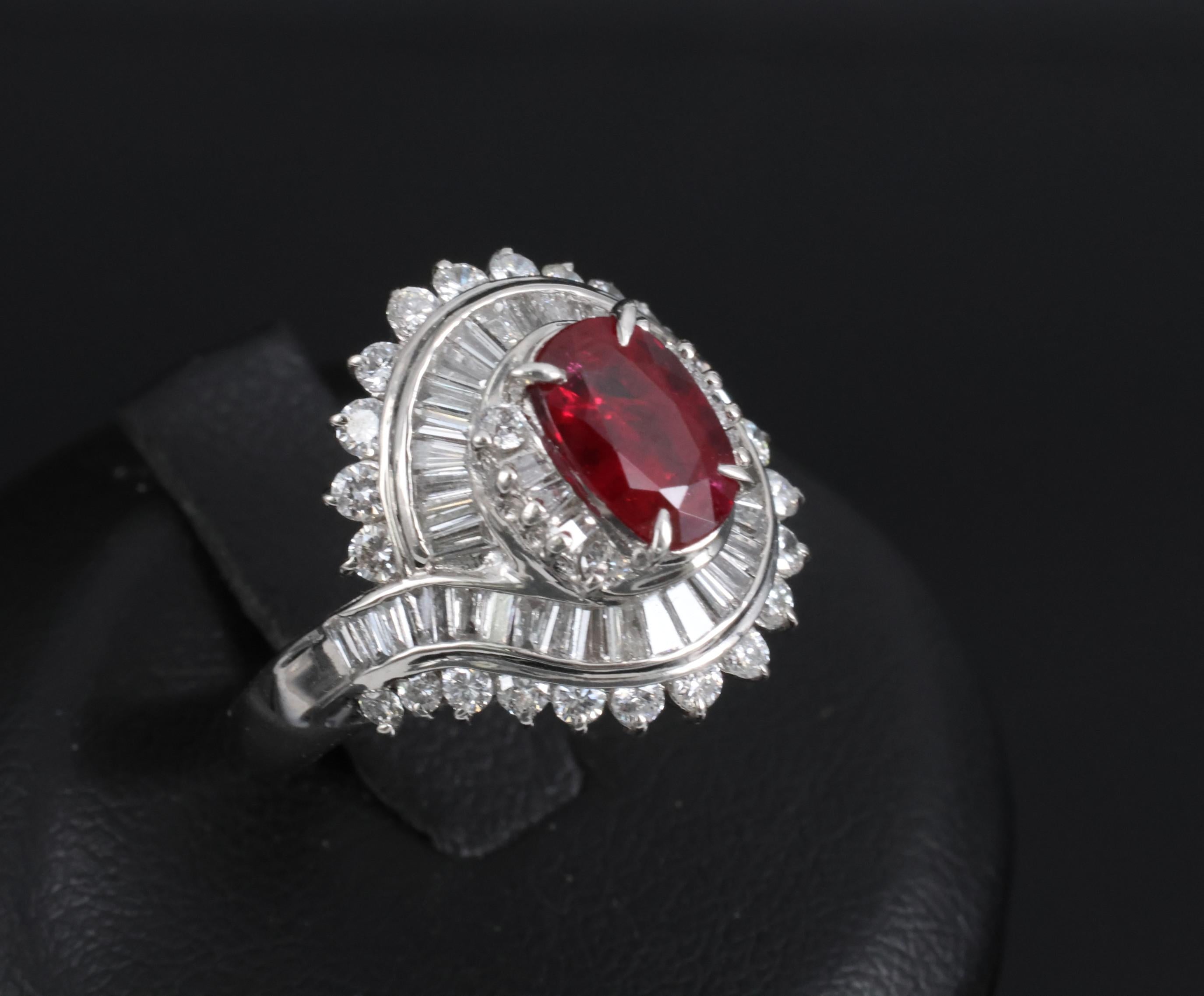 Intense Red 1.46ct GIA Certified Thai Ruby 1.20ct Diamond Platinum Ring Size 5.5