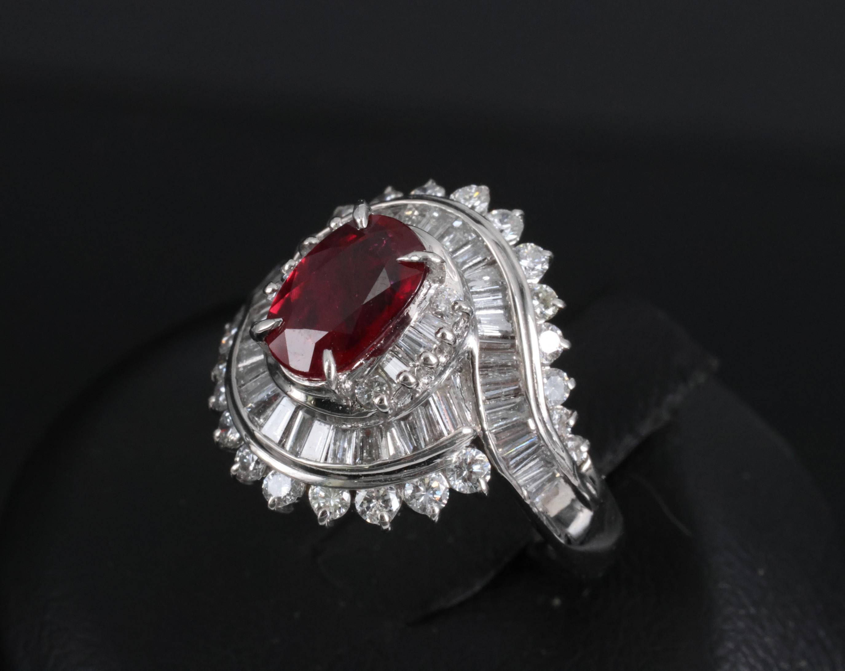 Intense Red 1.46ct GIA Certified Thai Ruby 1.20ct Diamond Platinum Ring Size 5.5