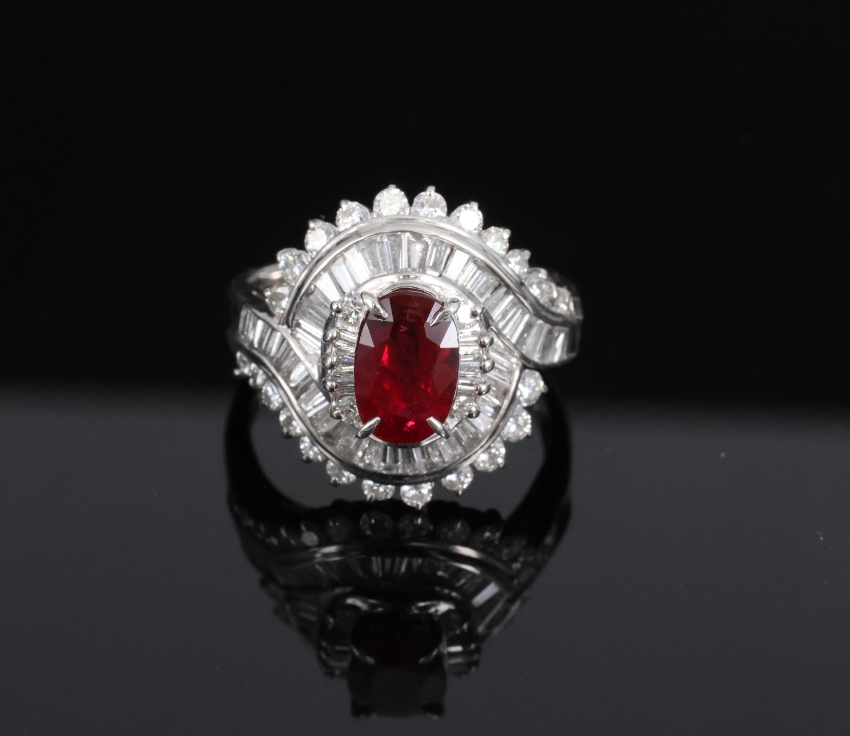 Intense Red 1.46ct GIA Certified Thai Ruby 1.20ct Diamond Platinum Ring Size 5.5