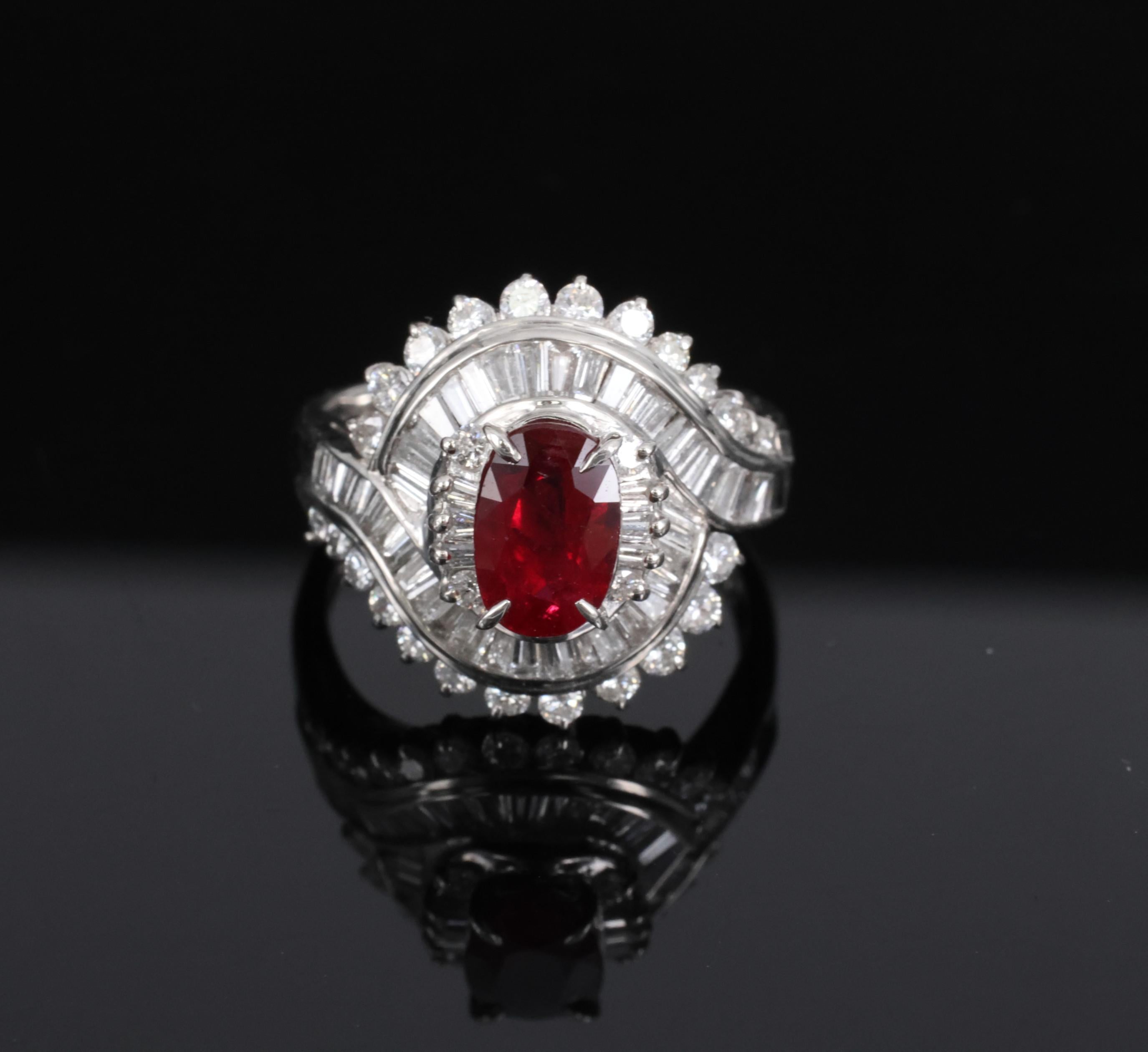 Intense Red 1.46ct GIA Certified Thai Ruby 1.20ct Diamond Platinum Ring Size 5.5