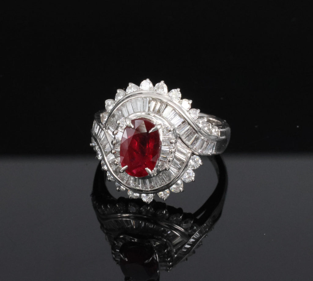 Intense Red 1.46ct GIA Certified Thai Ruby 1.20ct Diamond Platinum Ring Size 5.5