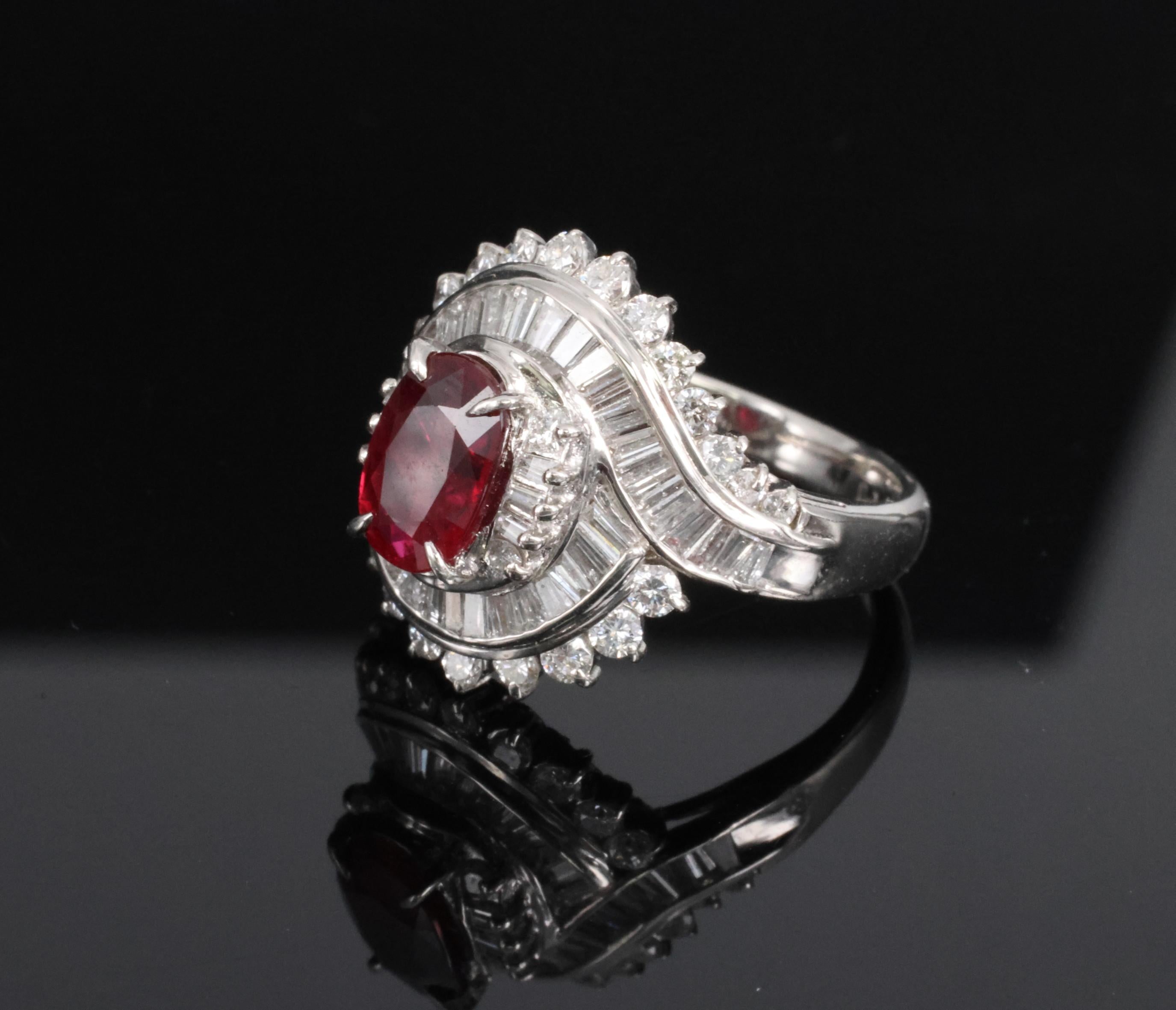 Intense Red 1.46ct GIA Certified Thai Ruby 1.20ct Diamond Platinum Ring Size 5.5