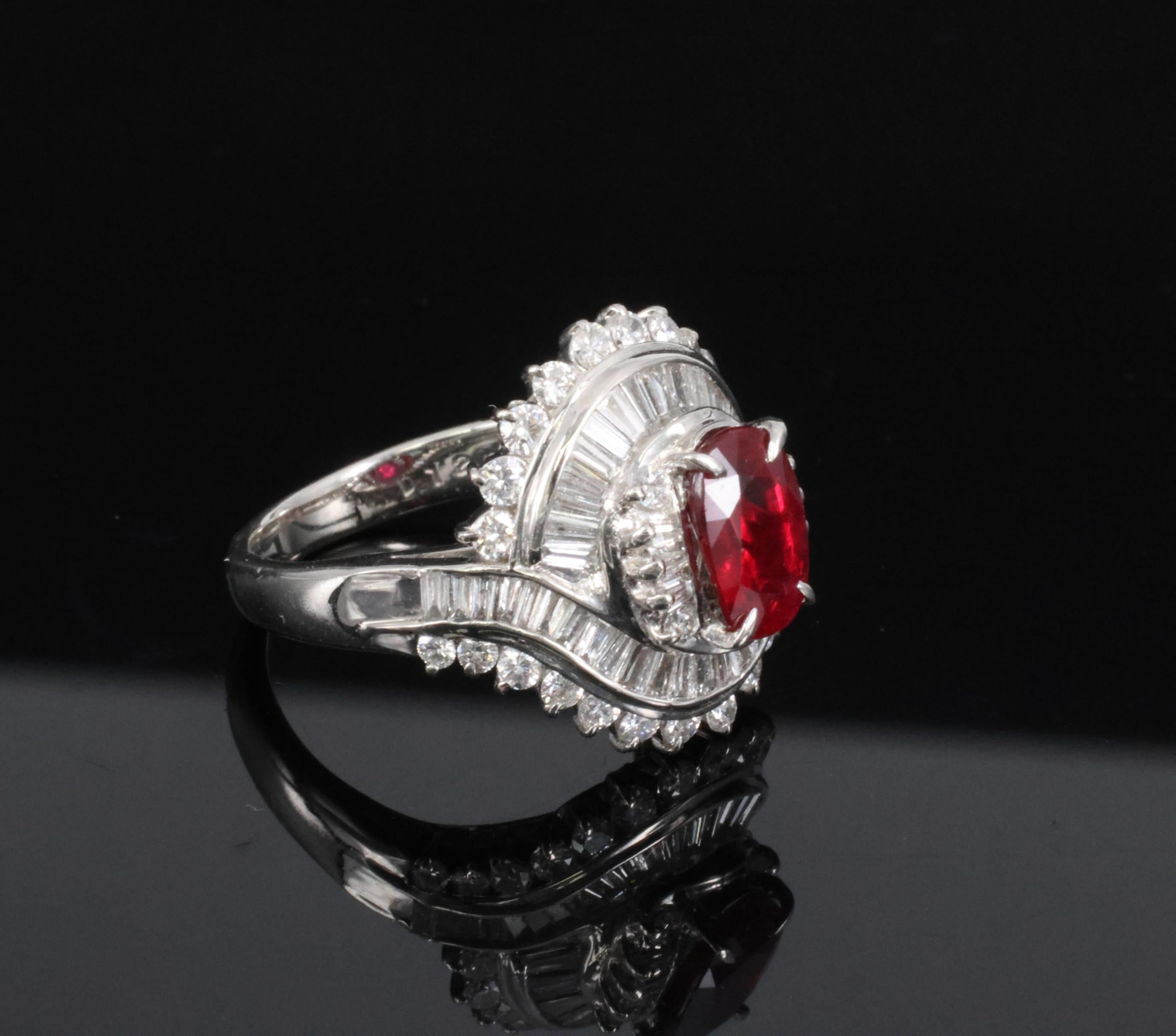 Intense Red 1.46ct GIA Certified Thai Ruby 1.20ct Diamond Platinum Ring Size 5.5