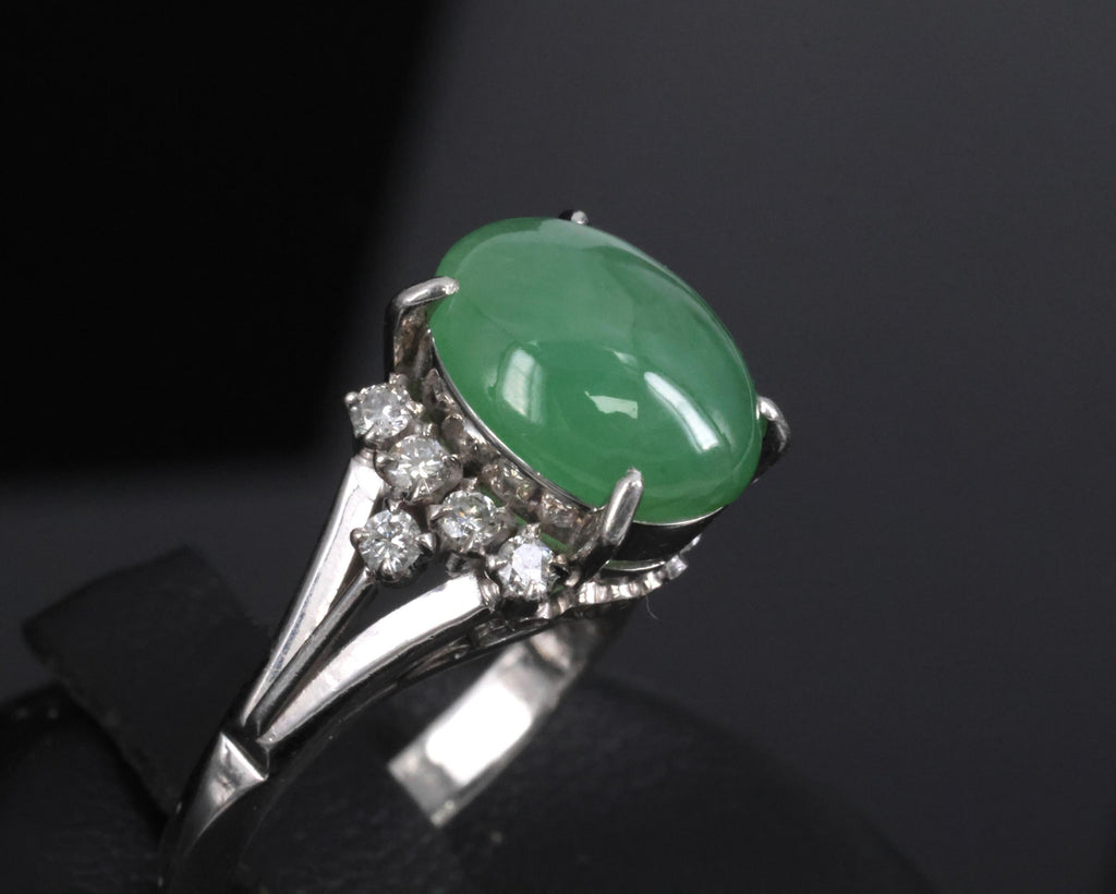 Fine 2.45ct Natural Jadeite Jade & 0.24ct Diamond Platinum Ring, Size 6