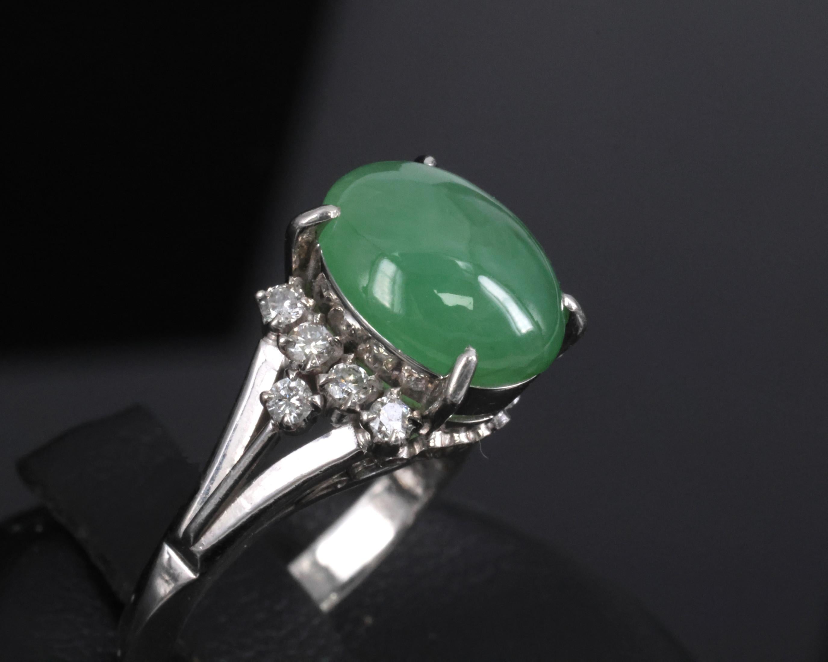 Fine 2.45ct Natural Jadeite Jade & 0.24ct Diamond Platinum Ring, Size 6