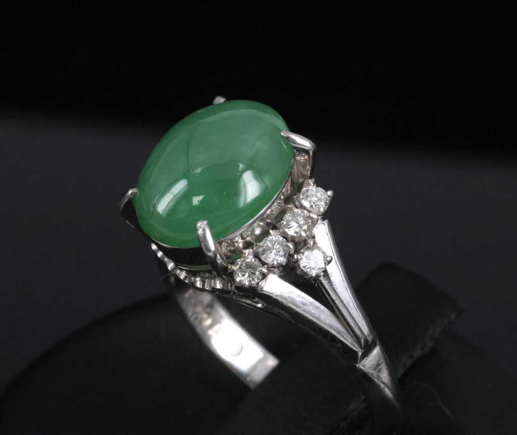 Fine 2.45ct Natural Jadeite Jade & 0.24ct Diamond Platinum Ring, Size 6
