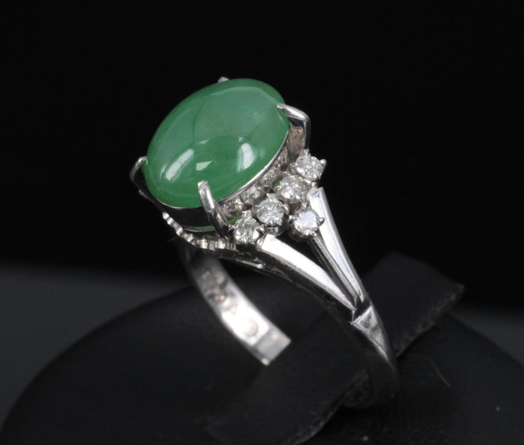 Fine 2.45ct Natural Jadeite Jade & 0.24ct Diamond Platinum Ring, Size 6