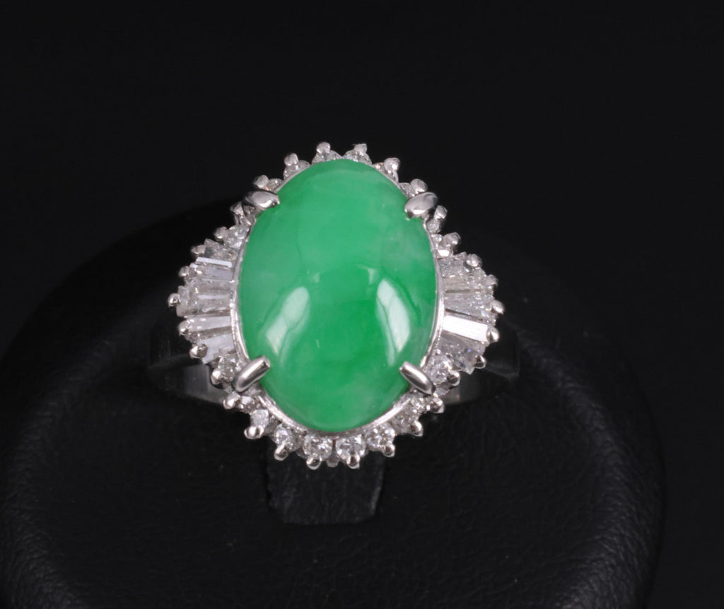 5.22ct Natural Apple Green Jadeite Jade & 0.68ct Diamond Platinum Ring Size 8.75
