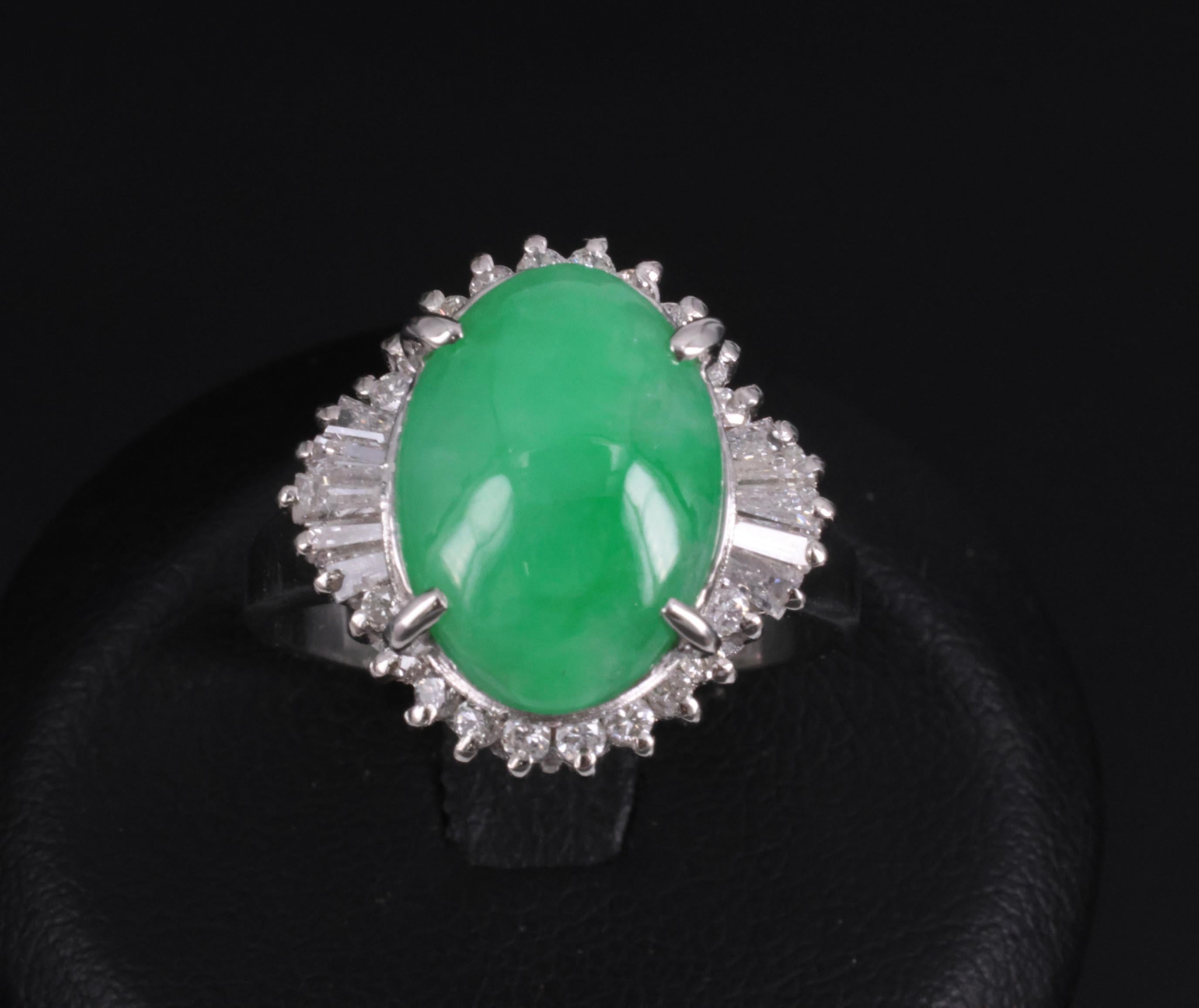 5.22ct Natural Apple Green Jadeite Jade & 0.68ct Diamond Platinum Ring Size 8.75
