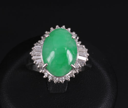 5.22ct Natural Apple Green Jadeite Jade & 0.68ct Diamond Platinum Ring Size 8.75