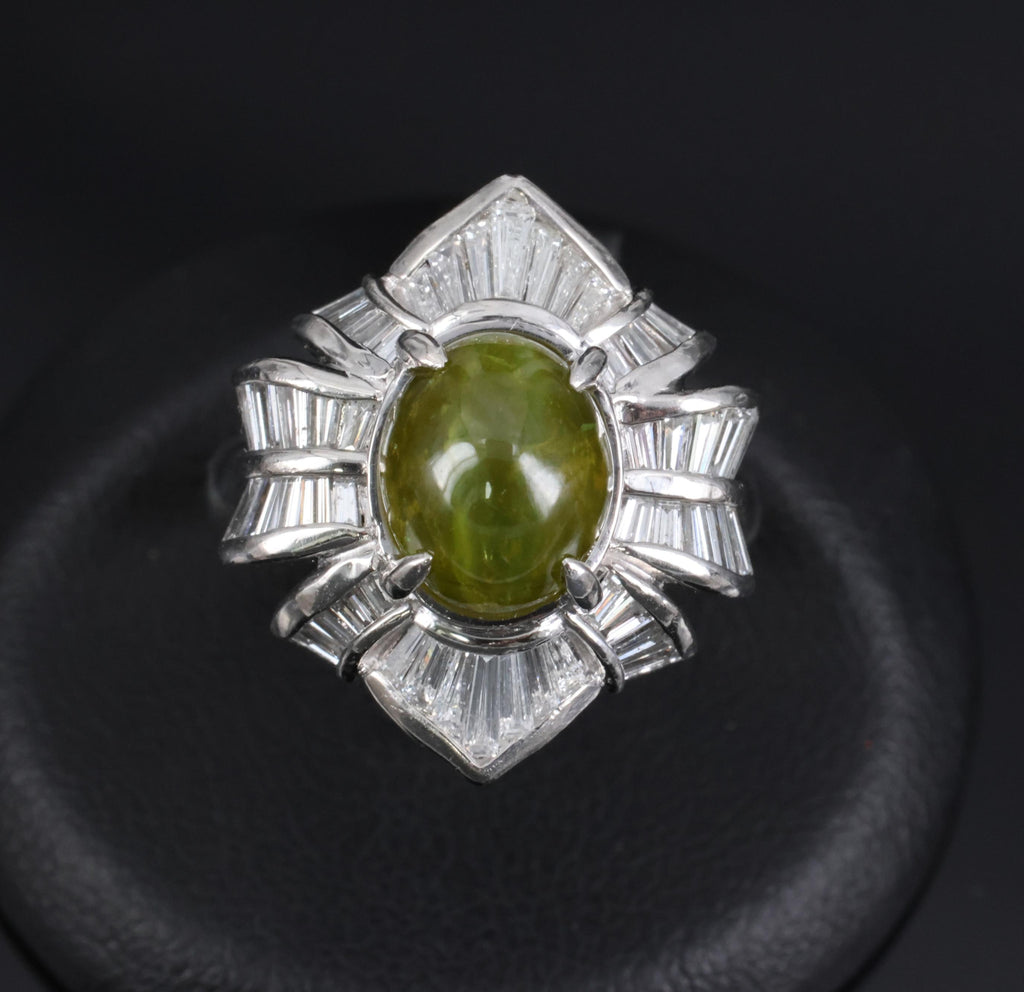 5.98ct Natural Chrysoberyl Cat's Eye & 1.28ct Diamond Platinum Ring, Size 6.25